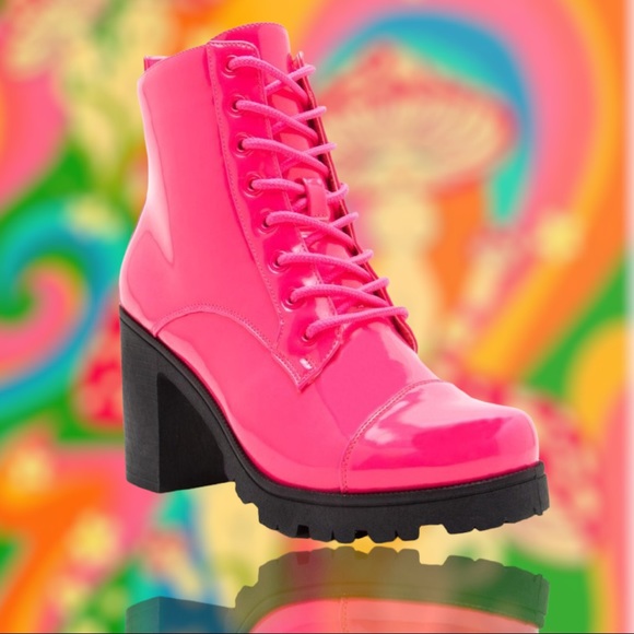 Qupid Shoes - 2 Left! Qupid SORRENTO Pink Neon Patent Lace-Up Heeled Combat Bootie